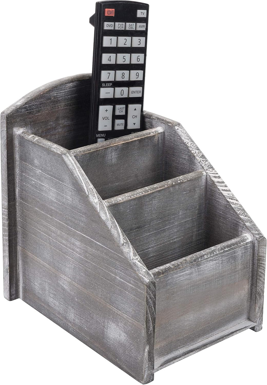 MyGift Graywashed Wood Remote Control Holder, 3-Compartment Organizer