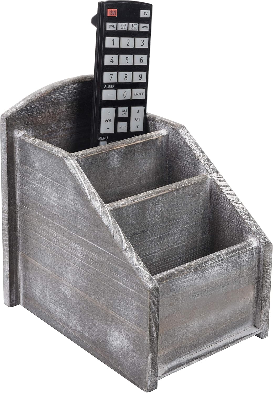 MyGift Graywashed Wood Remote Control Holder, 3-Compartment Organizer