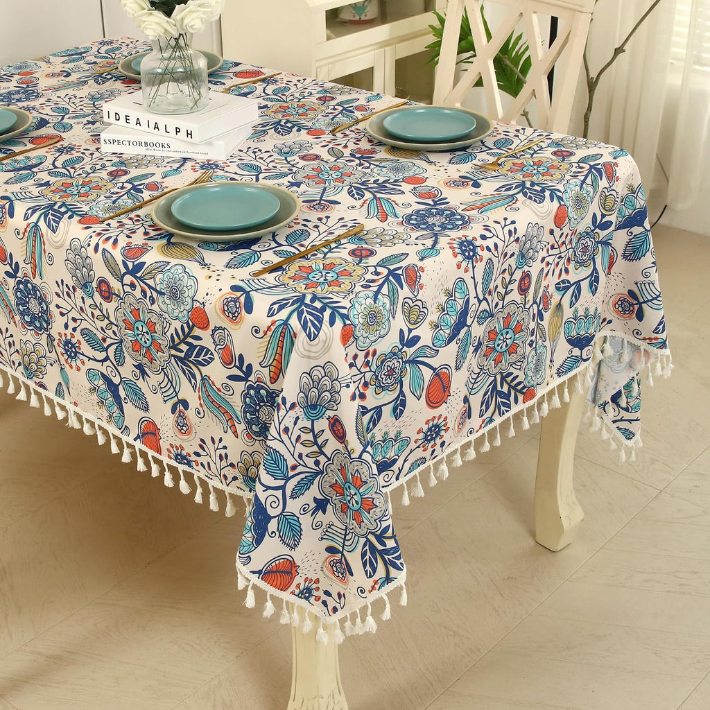 Boho Floral Tablecloth with Tassels 59"x86.6" Rectangular Table Cover
