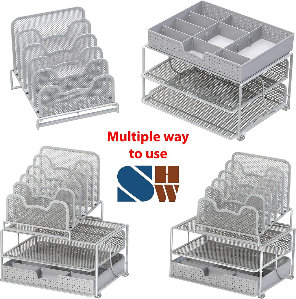 Simple Houseware Mesh Desk Organizer with Sliding Drawer, Silver