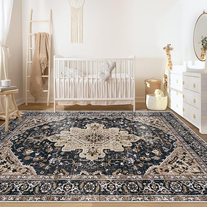 Area Rugs 6x9 Vintage Rug: Washable Living Room Rug Retro Medallion Distressed - Image 3