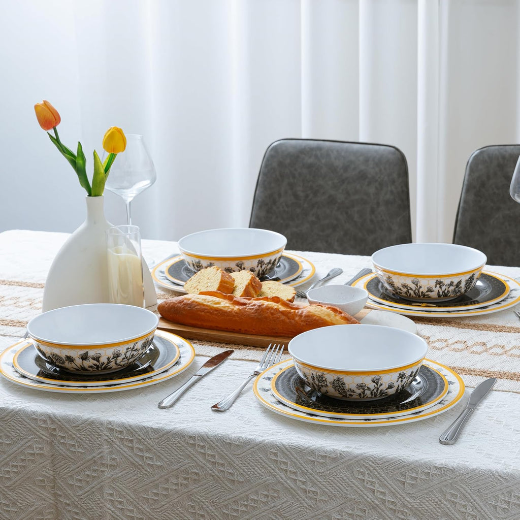 Garden Floral Melamine Dinnerware Sets-12 Pcs Plates and Bowls Set