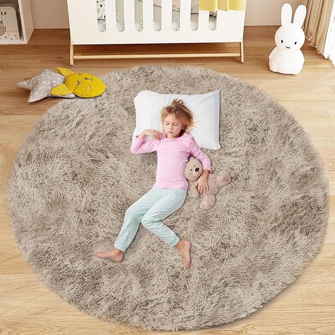 Camel Round Rugs for Bedroom: 4ft Circle Fluffy Shag Soft Washable Rug Small by VECARF