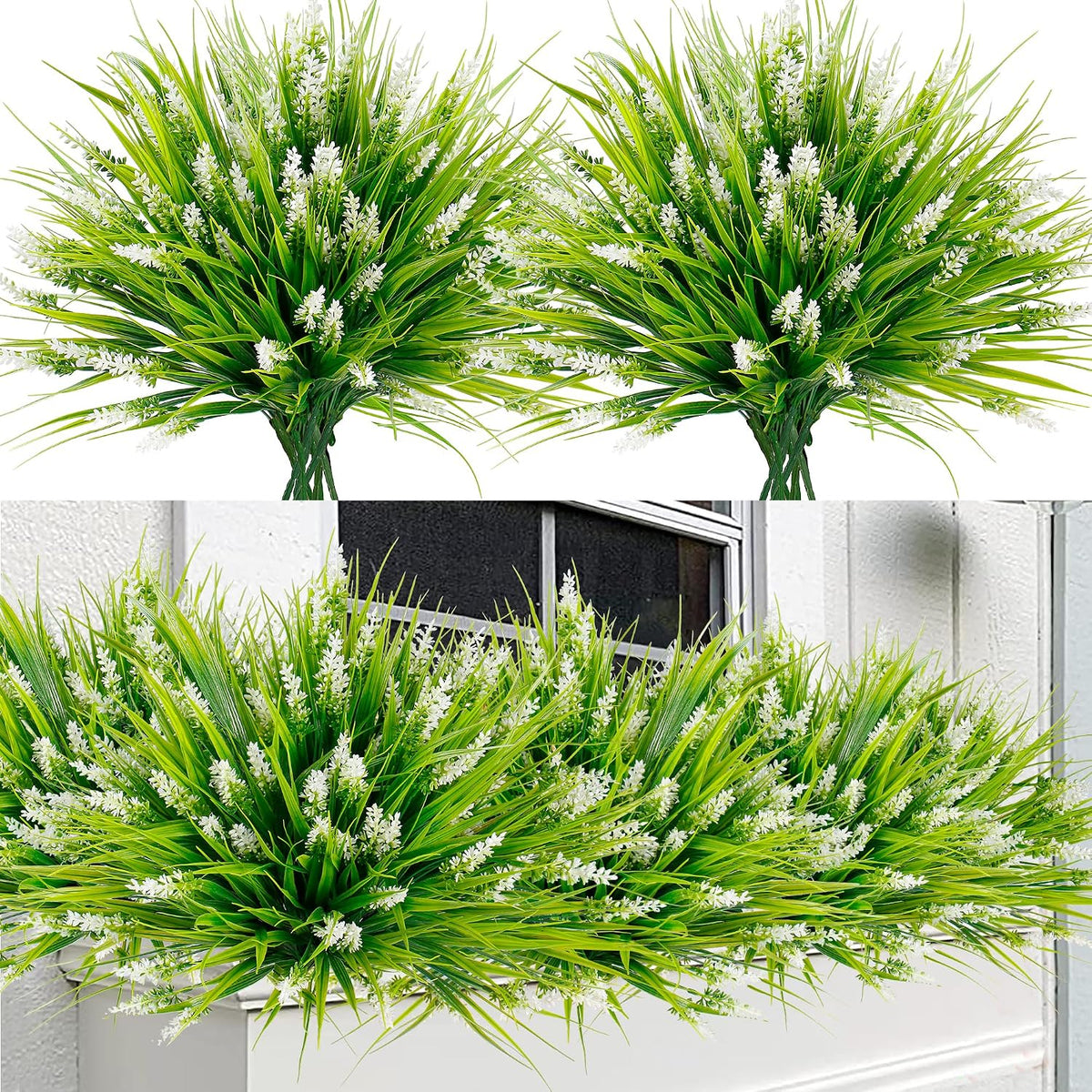Sggvecsy 24 Bundles Artificial Plants Outdoor Faux Lavender Flowers Fake Monkey Grass UV Resistant Plastic Greenery Plants for Garden Home Porch Window Patio Hanging Planter Indoor Decor (White)