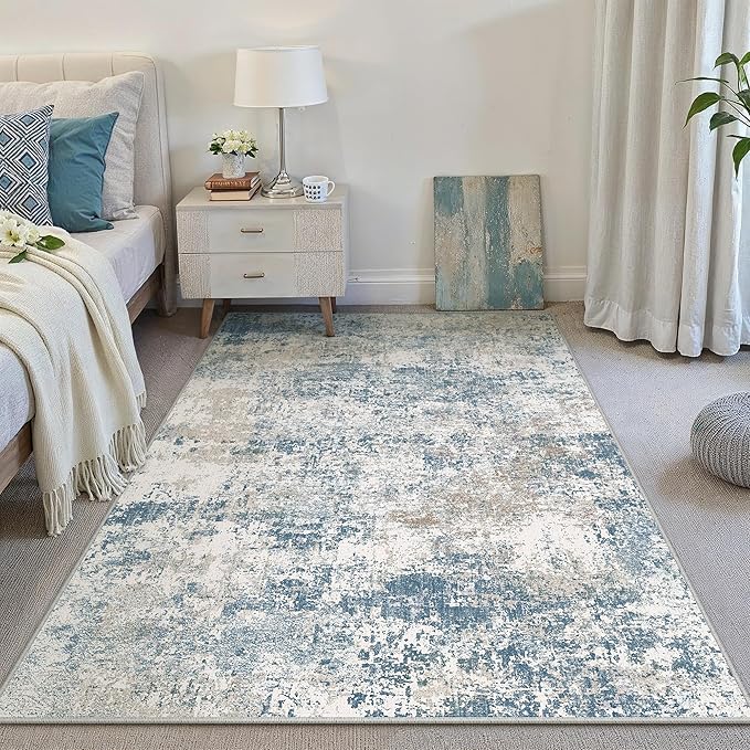 Blue 3x5 Area Rug Washable Abstract Office Carpet Modern Neutral Non Slip - Image 2