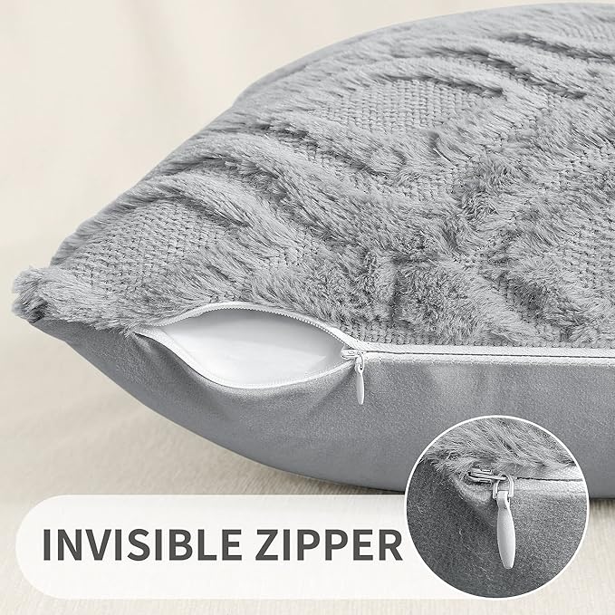 decorUhome Throw Pillow Covers 24x24 Inch Set of 2, Soft Plush Faux Wool Grey - Image 3