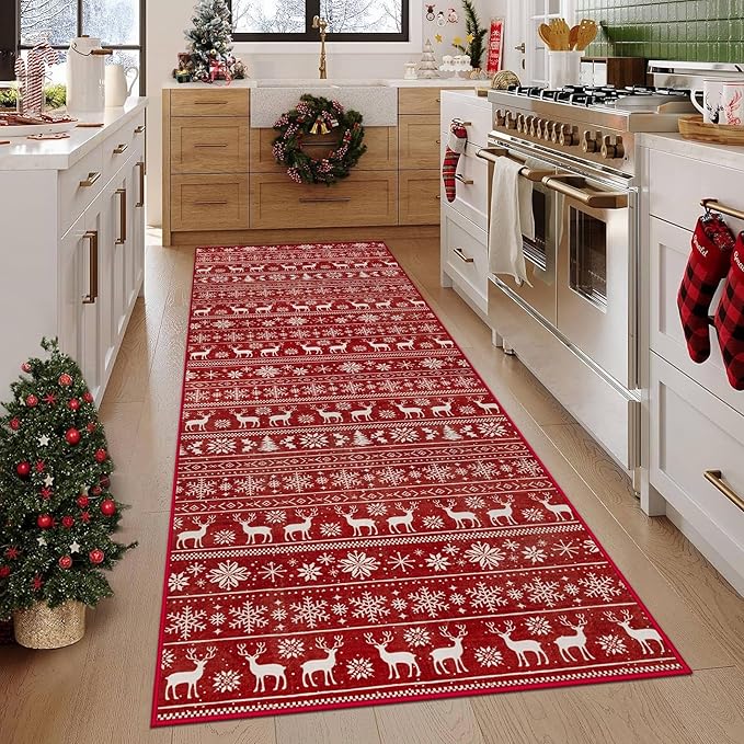 Christmas Runner Rug 2x6 Washable Rugs, Boho Christmas Tree Snowflake Rug by VECARF