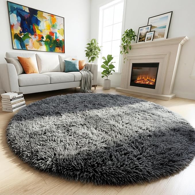 Grey Round Rugs 4Ft for Living Room Bedroom, Fluffy Fuzzy Shag Shaggy Circle by Amdrebio