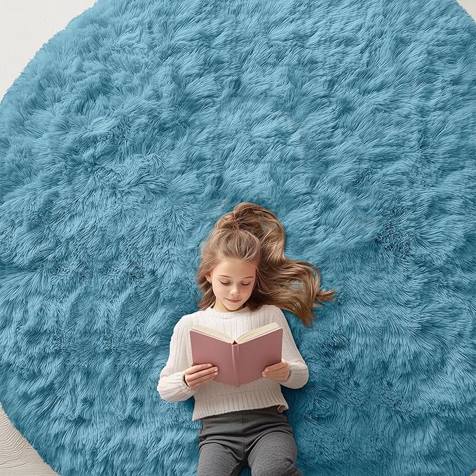 OLANLY Slate Blue Round Rugs for Bedroom by OLANLY