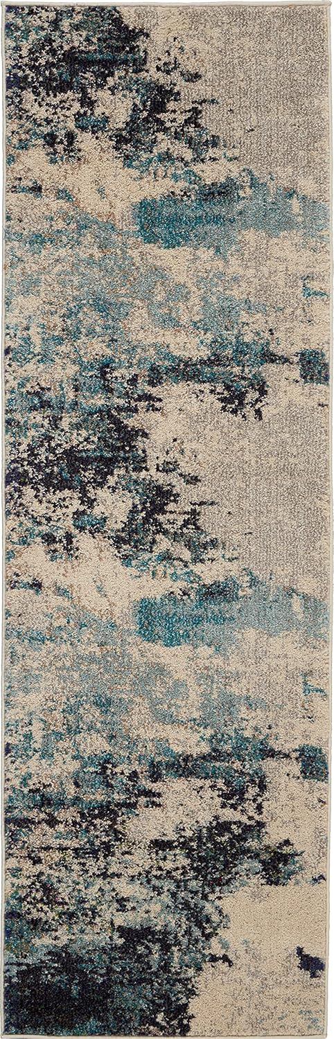 Nourison Home Celestial Ivory Teal Blue 2' x 6' Area Rug - Easy Clean, Non Shedding, Bed Room, Living Room, Dining Room, Kitchen (6' Runner)