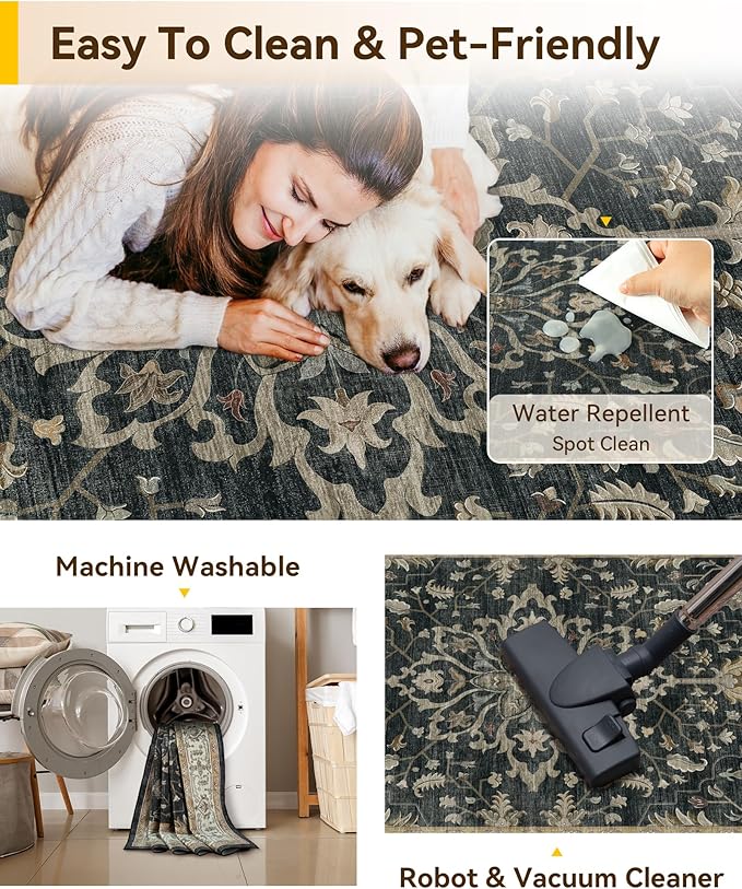 Area Rugs 3'x5' Washable Non-Slip, Floral Vintage Distress Print Pattern - Image 4