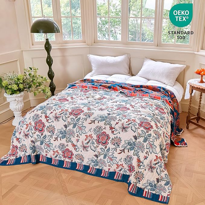 MSGKV Boho Throw Blanket 90"x108" 100% Cotton Floral Blanket - Image 6