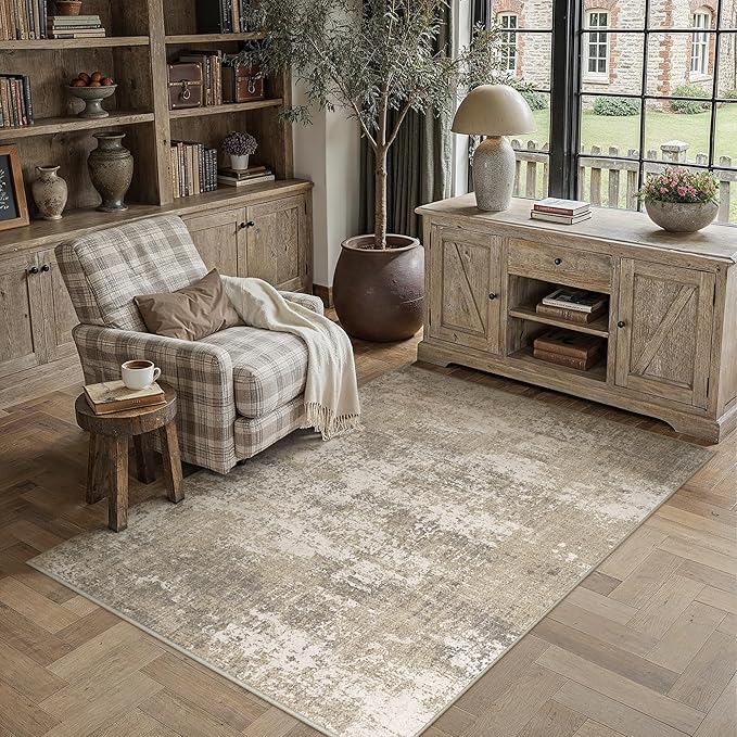 Beige Area Rug 4x6 Machine Washable Modern Abstract Office Carpet Neutral Non by PureCozy