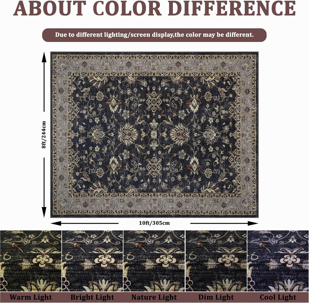 4x6 Washable Area Rug for Living Room, Carpet for Bedroom, Soft Faux Wool Retro Dining Room Rug, Non Slip&Non-Shedding Resistant Low Pile Vintage Print Rug for Home Office (Black/Yellow)
