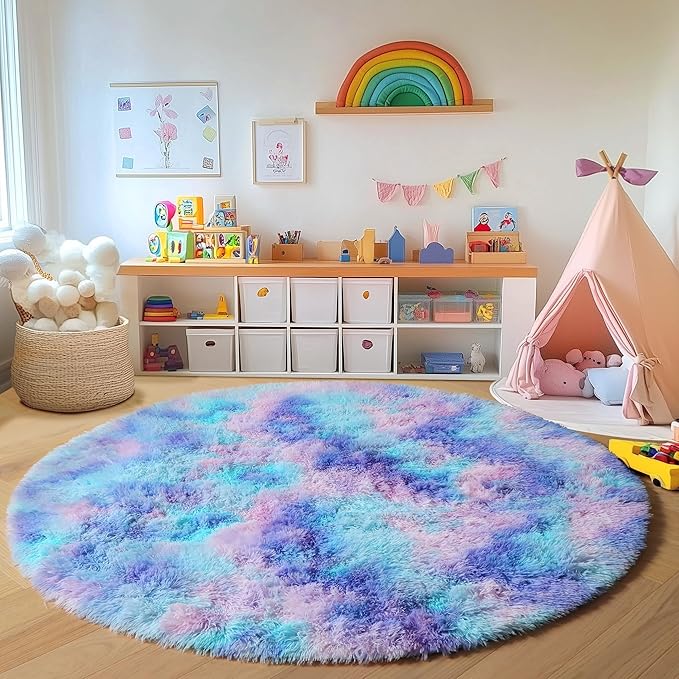 ONASAR Rainbow Round Area Rugs 6ft, Fluffy Soft Bedroom Circle Rug by ONASAR