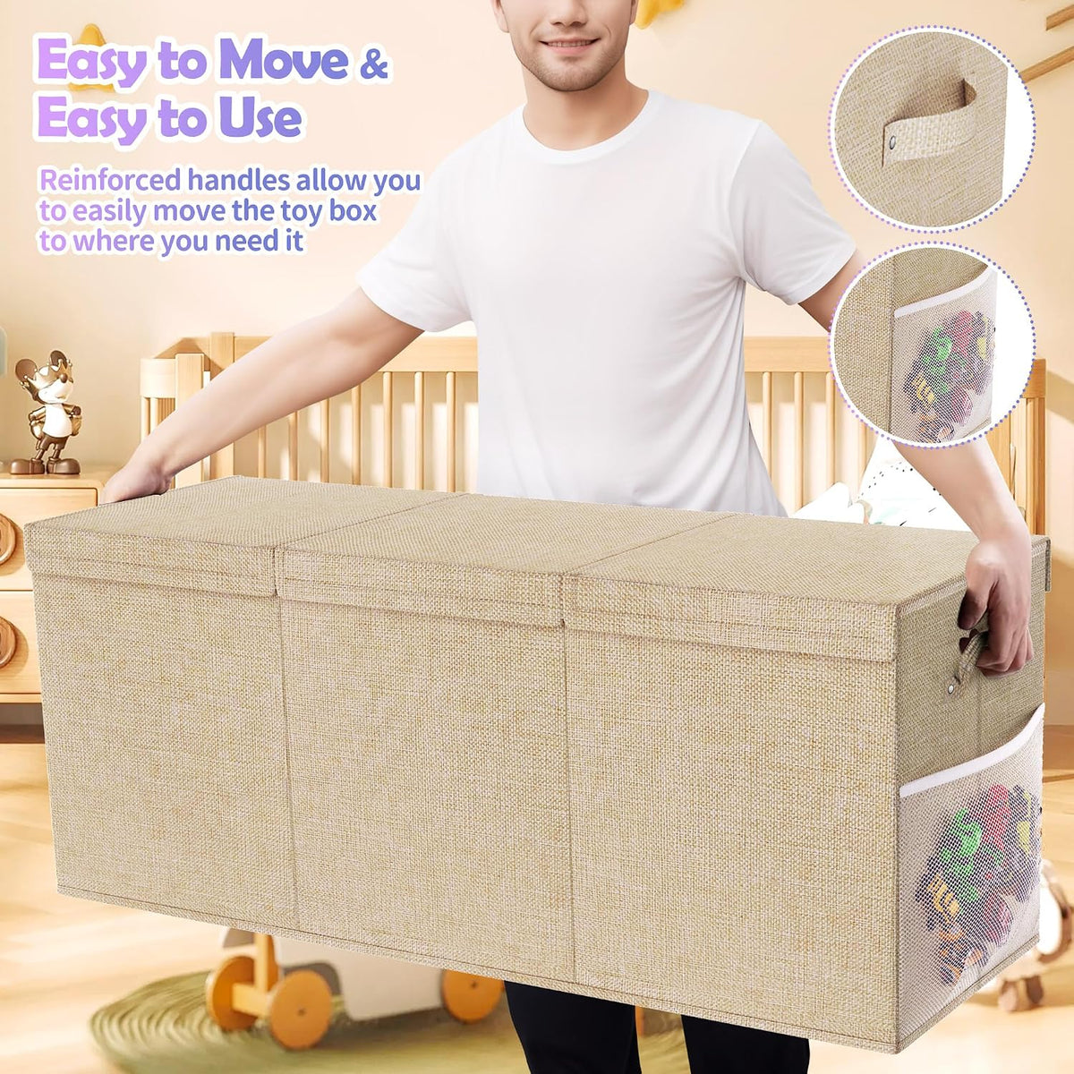 Extra Large Toy Box, Collapsible Toy Storage Organizer, 40"x16"x16", Beige