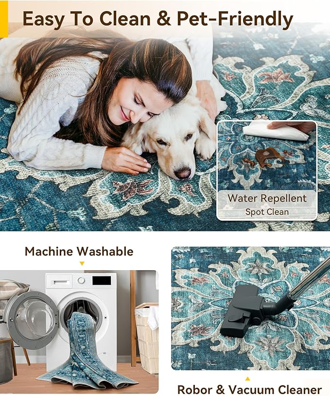 Area Rugs Square 10ft Washable Non-Slip, Floral Vintage Distress Print Pattern - Image 3