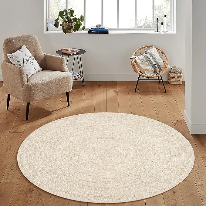 Hausattire Hand Woven Jute Braided Rug, 3’ Round – Off White, Reversible Boho - Image 4
