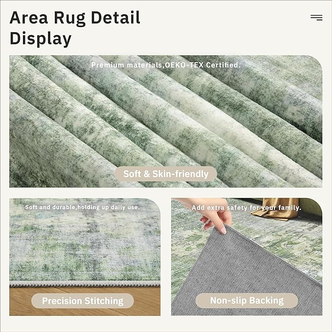 5x8 Area Rugs Green/Ivory Low Pile Indoor Washable Trendy Faded Style Rugs - Image 6