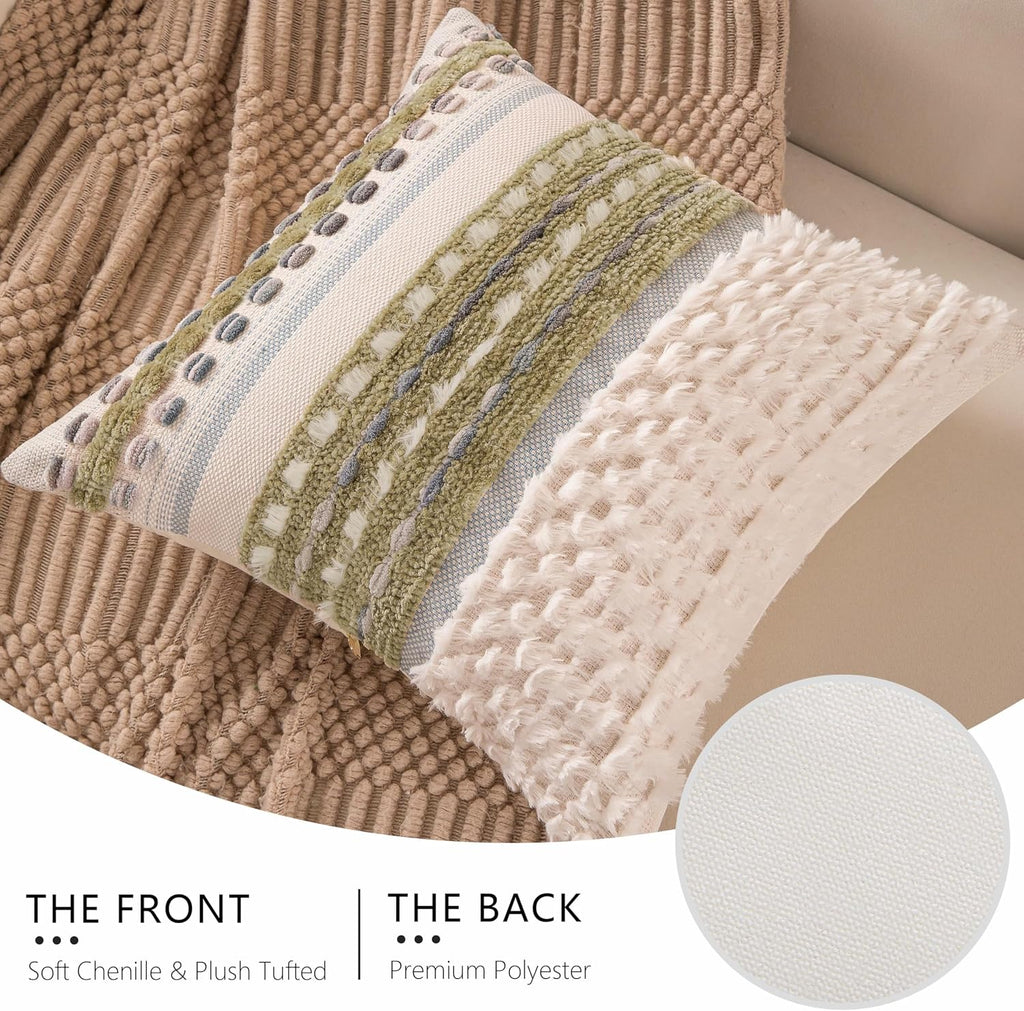 Boho Chenille Tufted Couch Throw Pillow Covers 18x18 Inch Set of 2 Farmhouse Striped Decorative Pillow Covers Accent Neutral Pillowcase Brown Cushion Cover for Living Room Sofa Bed
