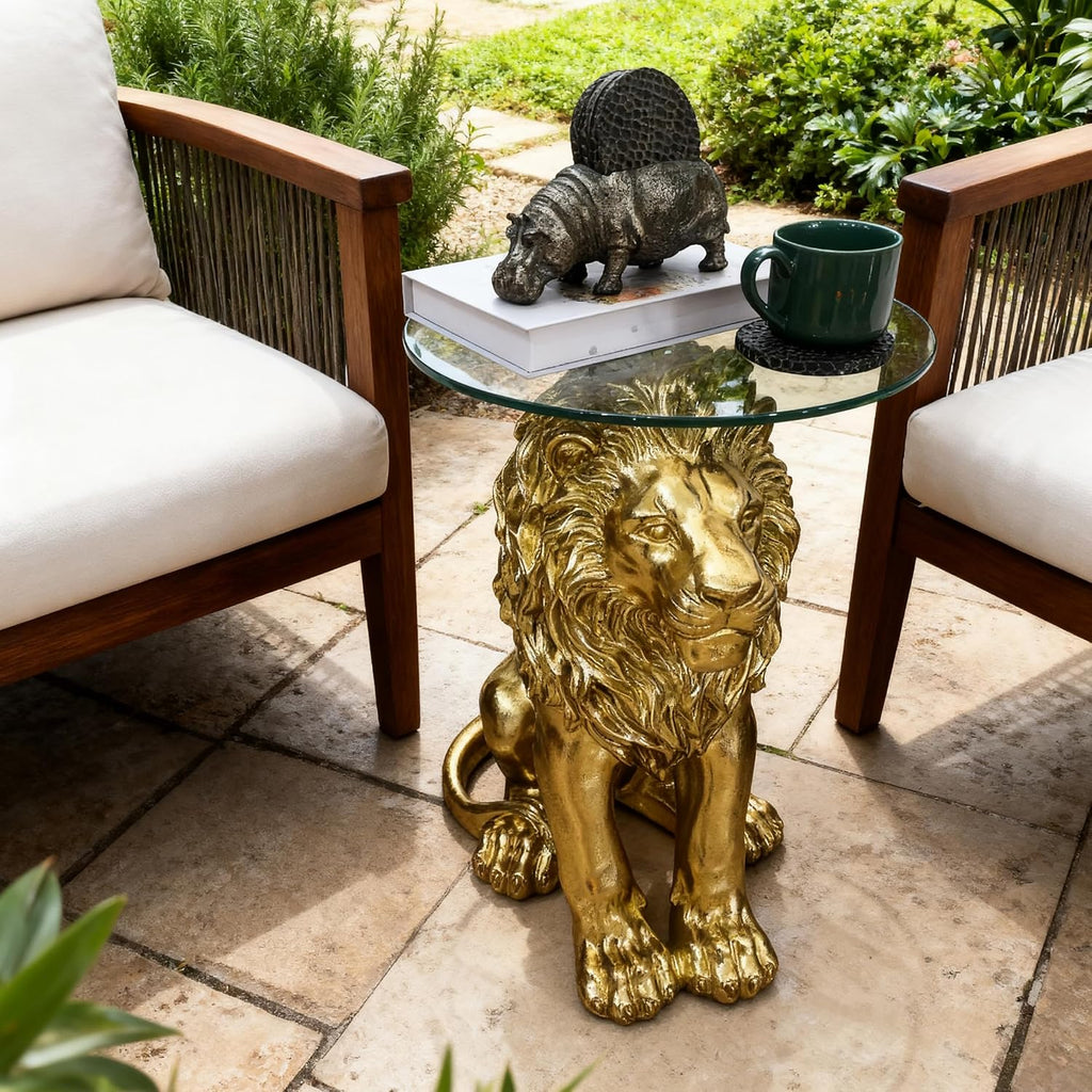 Lion Statue Side Table, 13 inch Tempered Glass Coffee Table
