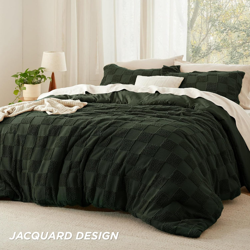 Bedsure Dark Olive Green Comforters Queen Set, Boho Plaid Bedding Set 3 Pcs