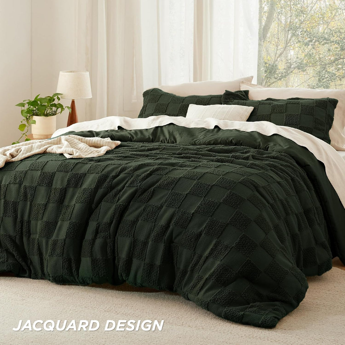Bedsure Dark Olive Green Comforters Queen Set, Boho Plaid Bedding Set 3 Pcs