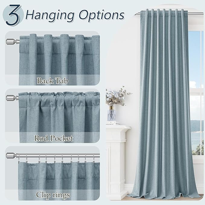 Guken Blue 100% Blackout Linen Curtains 80 Inch Length 2 Panels Set - Image 6