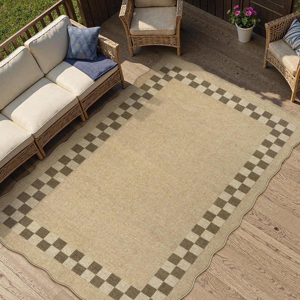 LIVEBOX Scalloped Easy Jute Checkered 3x5 Outdoor Rug, Washable Non-Slip Tan Rugs for Entryway, Geometric Indoor Outdoor Rug Farmhouse Boho Carpet Door Mat for Patio Porch Bedroom Living Room Modern