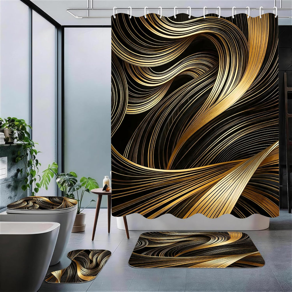 4pcs Shower Curtain Set Black Golden Strip Bathroom Decor with Rug