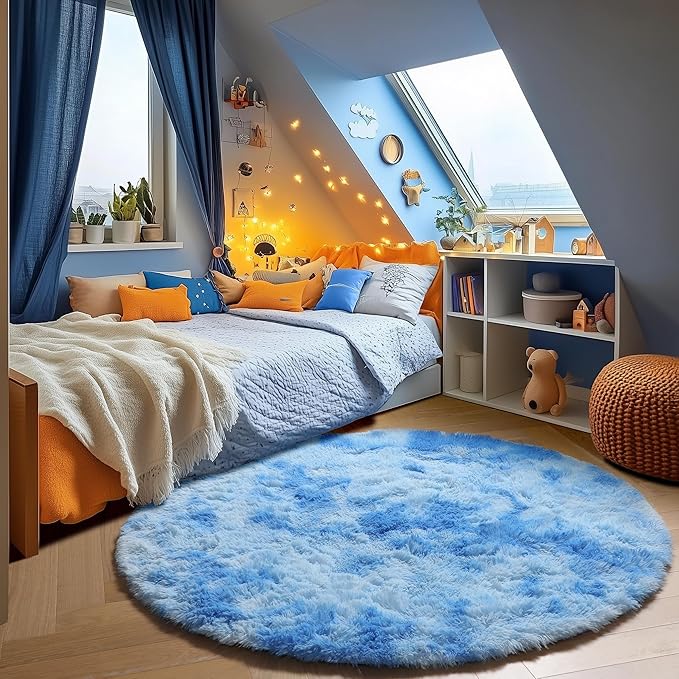 ONASAR Round Rugs 5ft for Bedroom Living Room, Tie-Dye Blue Fluffy Circle Area - Image 3