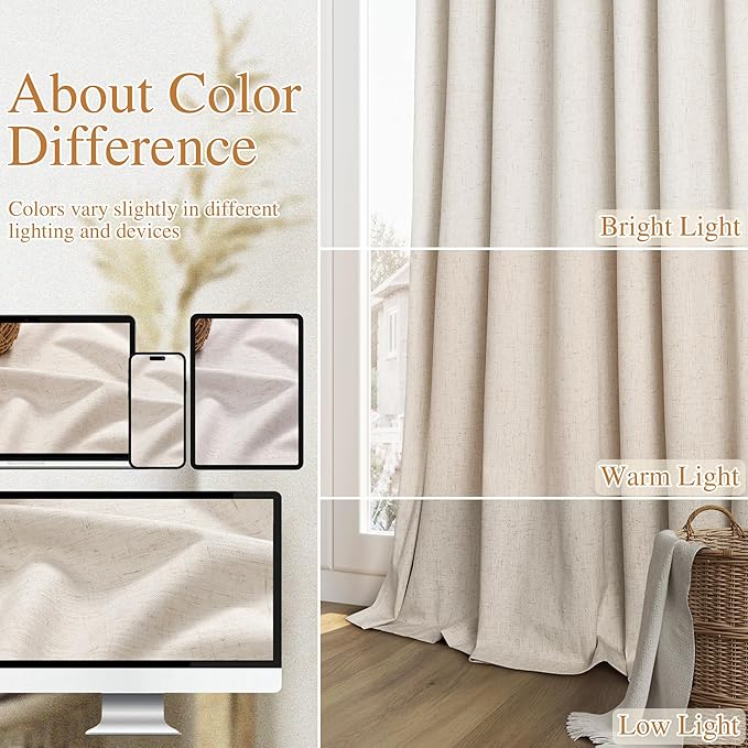 Guken 100% Blackout Linen Curtains 96 Inch Length 2 Panels Set - Image 7