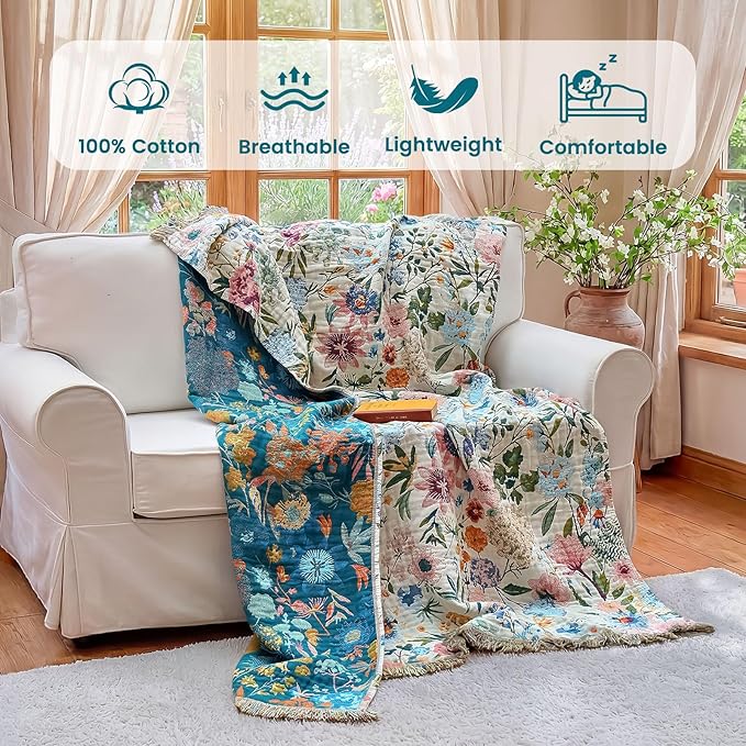 MSGKV Boho Throw Blanket 50"x60" Couch Floral 100% Cotton Blanket Spring - Image 2