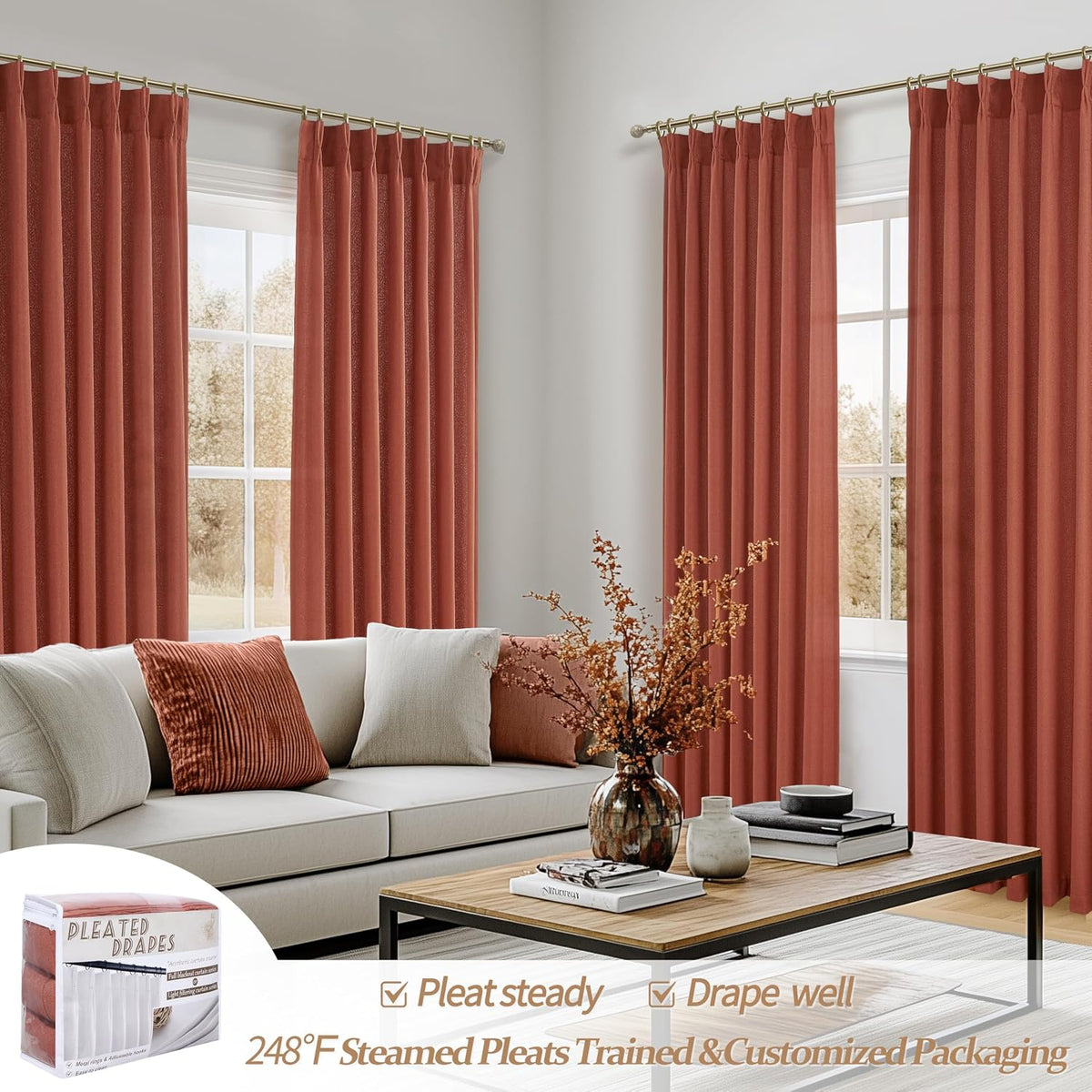 PleatedDrapes Decorative Burnt Orange Sheer Curtains 96 Inches Long for Sliding Glass Doors, Farmhouse Cottage Core Fall Pinch Pleat Linen Blend 96 Inch Curtain 2 Panel Set Light Filtering Drapes Rust