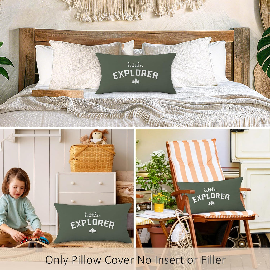 Little Explorer Throw Pillow Covers, Olive Green Themed Square Adventure Pillow Case Cover for Couch, Woodland Nursery Cushion Cover Case for Kids Room Nursery Toddler Dorm Bedroom, 12x20