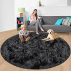 7x7 ft Tie Dye Black Round Rug for Bedroom Room Fluffy Circle Rug Furry Carpet by JiaoBaba