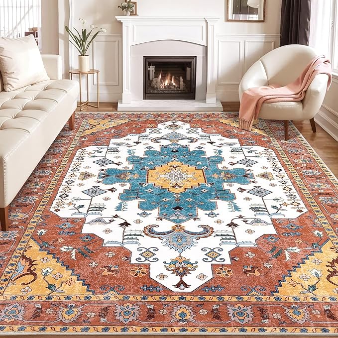 SERISSA Boho 8x10 Area Rugs Orange, Washable Vintage Large Living Room Rug by SERISSAHomeDecorCollection