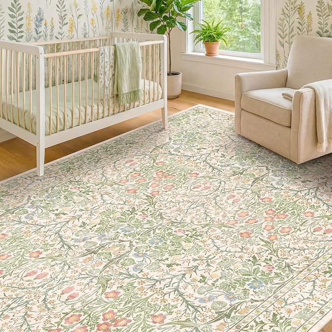 Hazo Haus Beige Green Bedroom Rug 5x7 Area Rug - Image 3