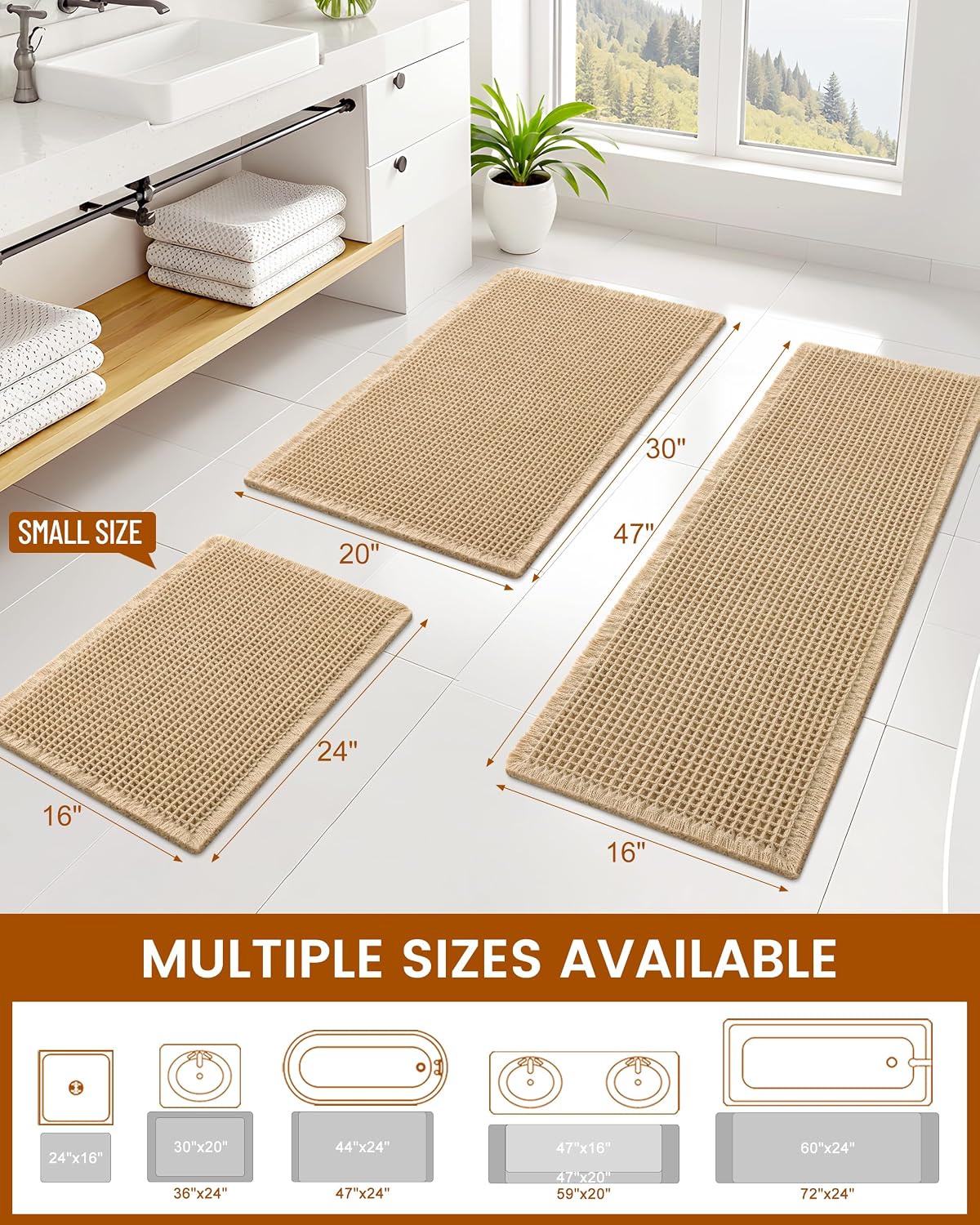 Smiry Waffle Bath Mat 60X24, Extra Soft Absorbent Bathroom Rugs, Brown