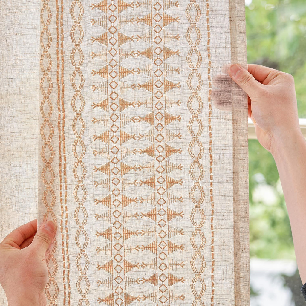 jinchan Boho Curtains for Bedroom Linen Blend Boho Curtains 96 Inches Long 2 Panels Farmhouse Embroidered Drapes for Living Room Drapes Light Filtering Grommet Window Traetments Gold on Beige