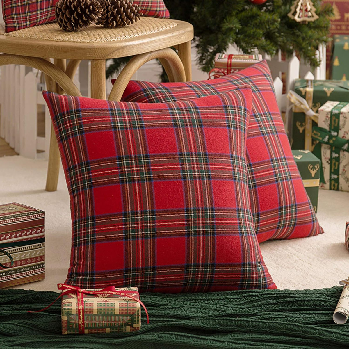 AQOTHES Christmas Plaid Decorative Throw Pillow Covers Red 18x18 Inches