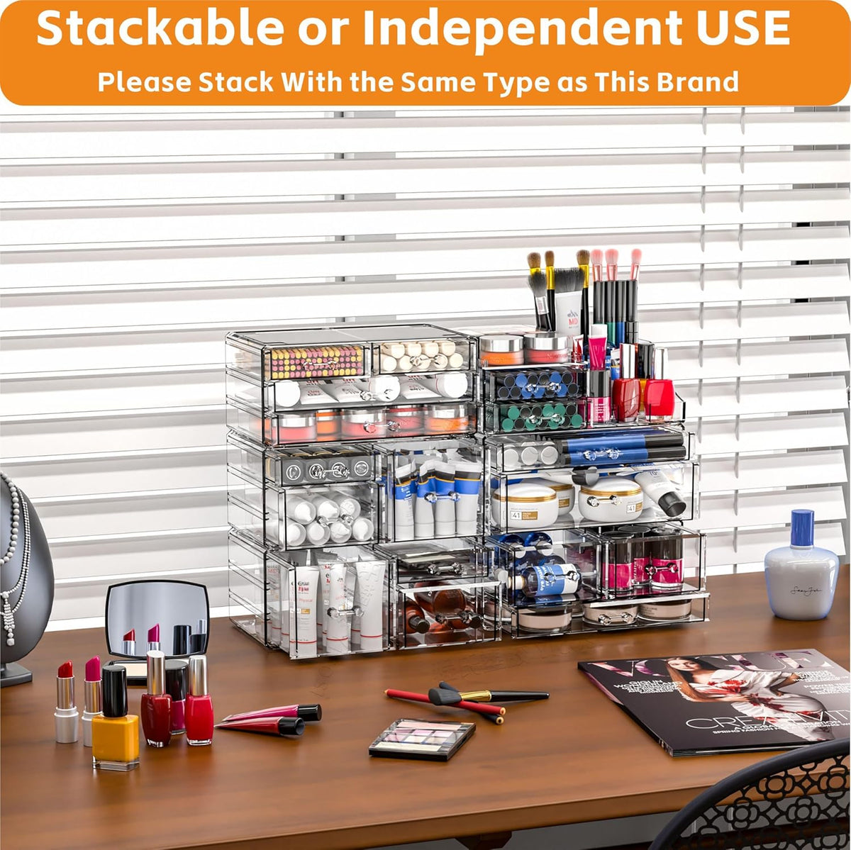 Acrylic Clear Makeup Organizer Countertop,Stackable Skincare Organizer for Vanity With 8 Drawers,Large Plastic Desk Accessories Organization,Bathroom Cosmetic Organizer Countertop for Beauty,Skin Care