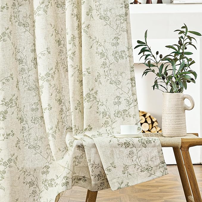 Lazzzy 90 inch Long Curtain for Bedroom Green Floral Linen Drapes for Living - Image 8