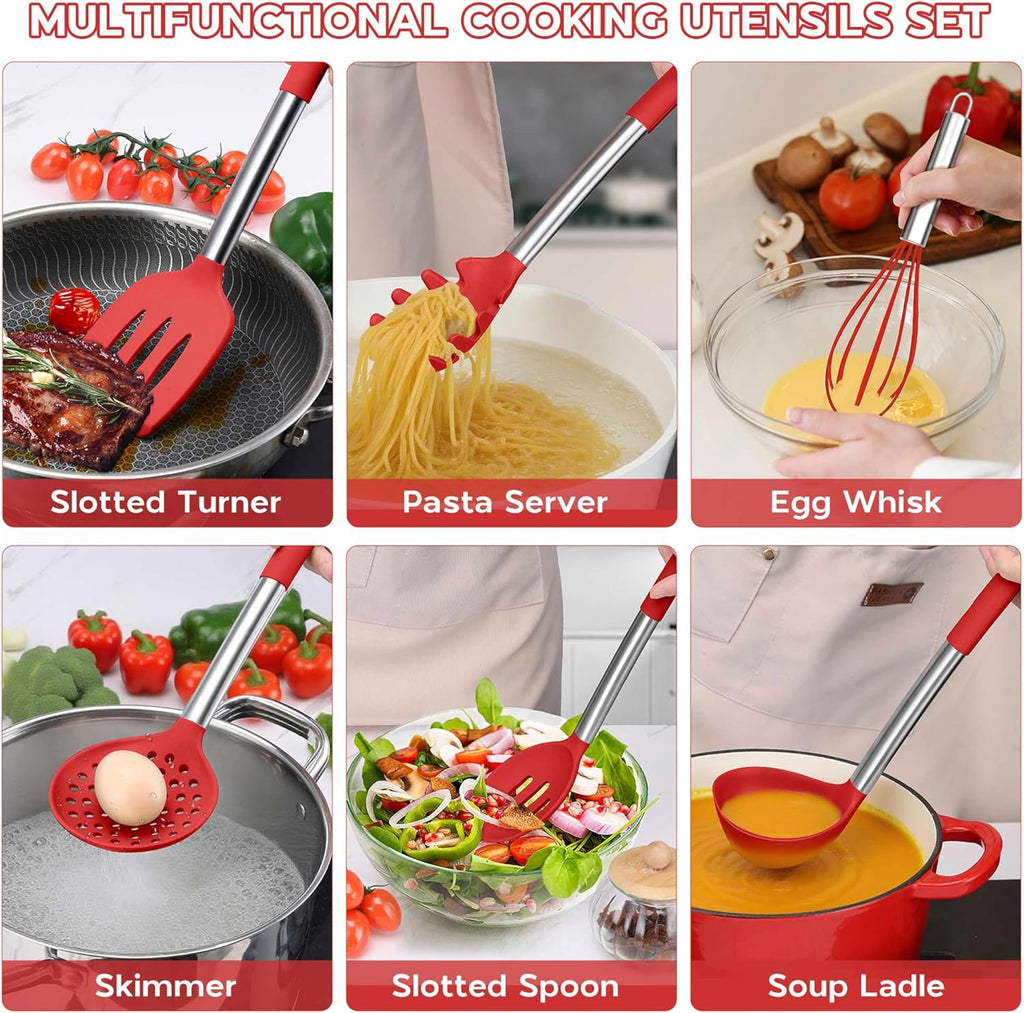 Onader 15 Pcs Silicone Cooking Utensils Set, Red Kitchen Utensils Spatula Set with Holder, Large Kitchen Gadgets Tools for Nonstick Cookware