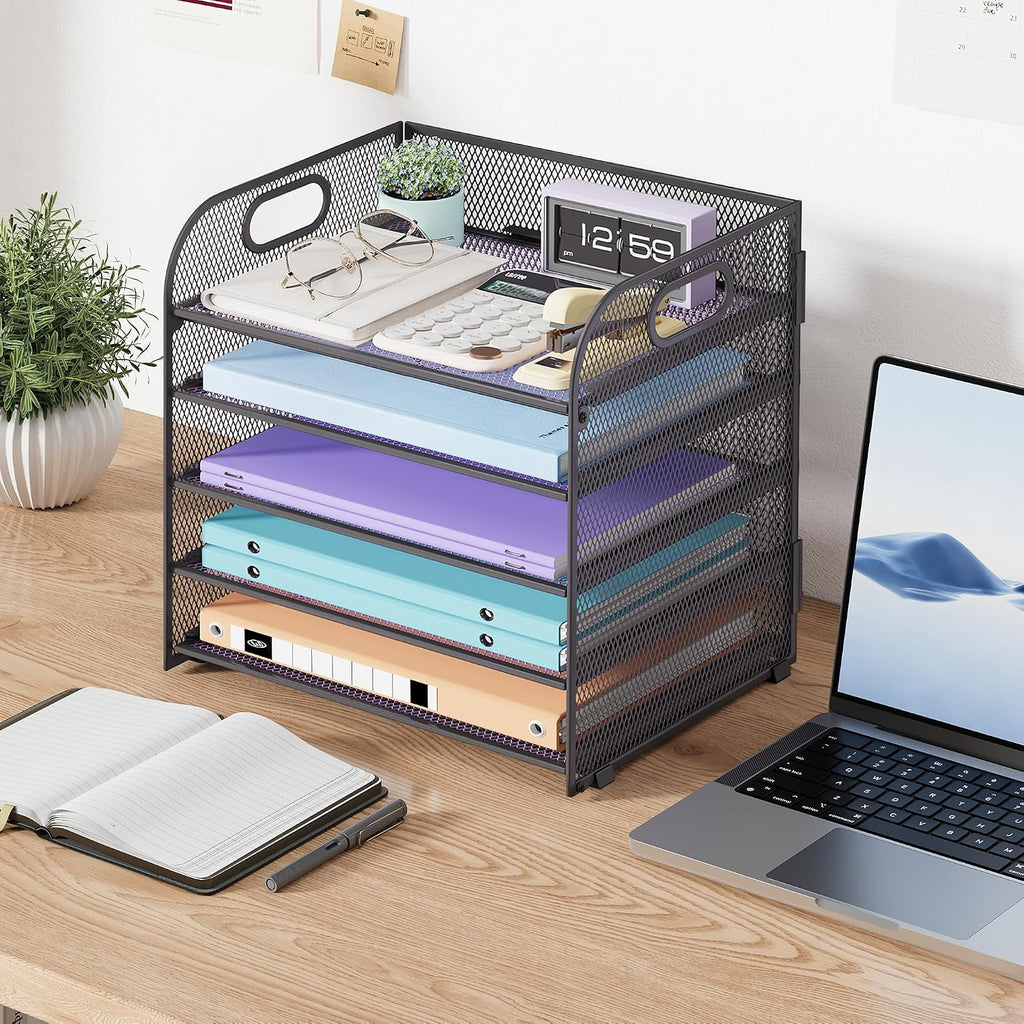 Cawukege 5 Tier Paper Organizer with Handle, Grey Metal Mesh Desk Organizer File Folder Paper Letter Tray Desktop Document Sorter for Classroom, School, Office Accessories Organization and Storage