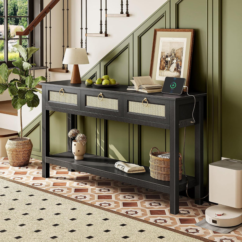 SUPERJARE Rattan Console Sofa Table with Outlets, USB-C Port and 3 Drawers