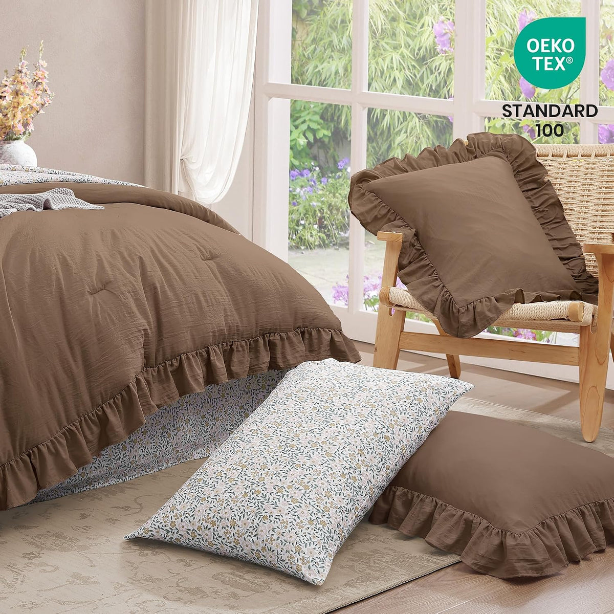 BLOOMHAVEN Queen Comforter Set-7 Pieces Ruffle Bedding with Floral Sheet
