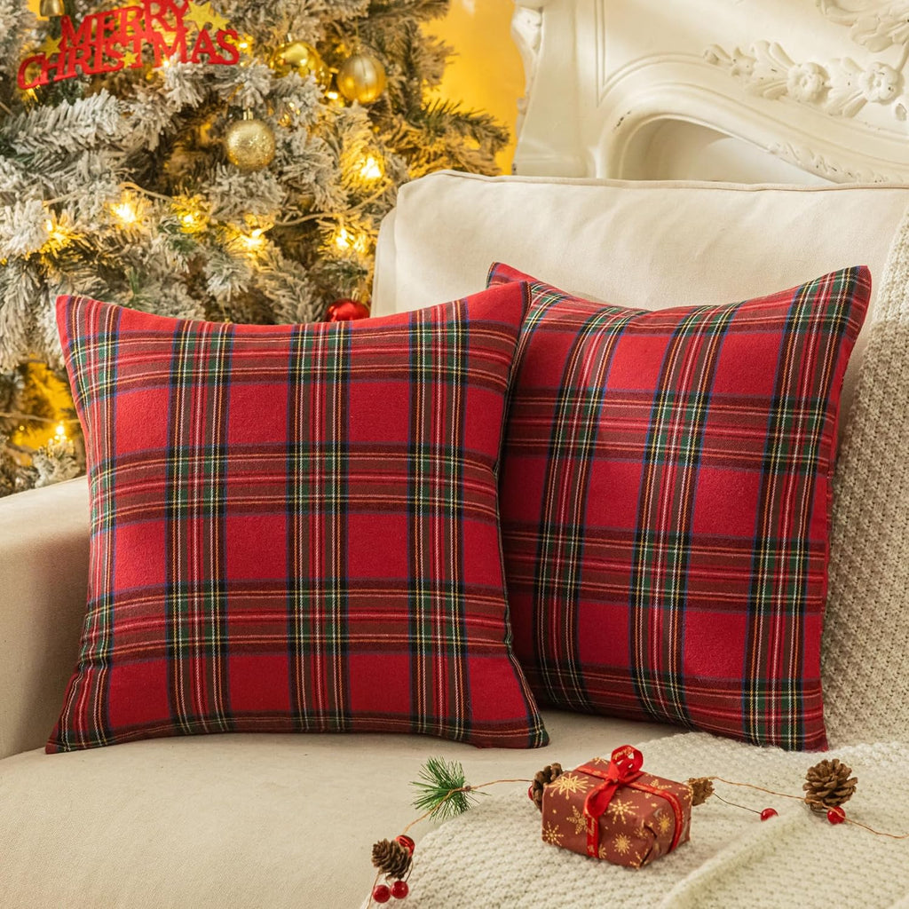 AQOTHES Christmas Plaid Decorative Throw Pillow Covers Red 18x18 Inches