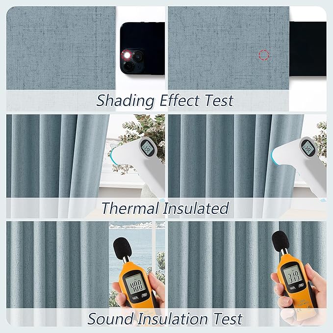 Guken Blue 100% Blackout Linen Curtains 100 Inch Length 2 Panels Set - Image 4