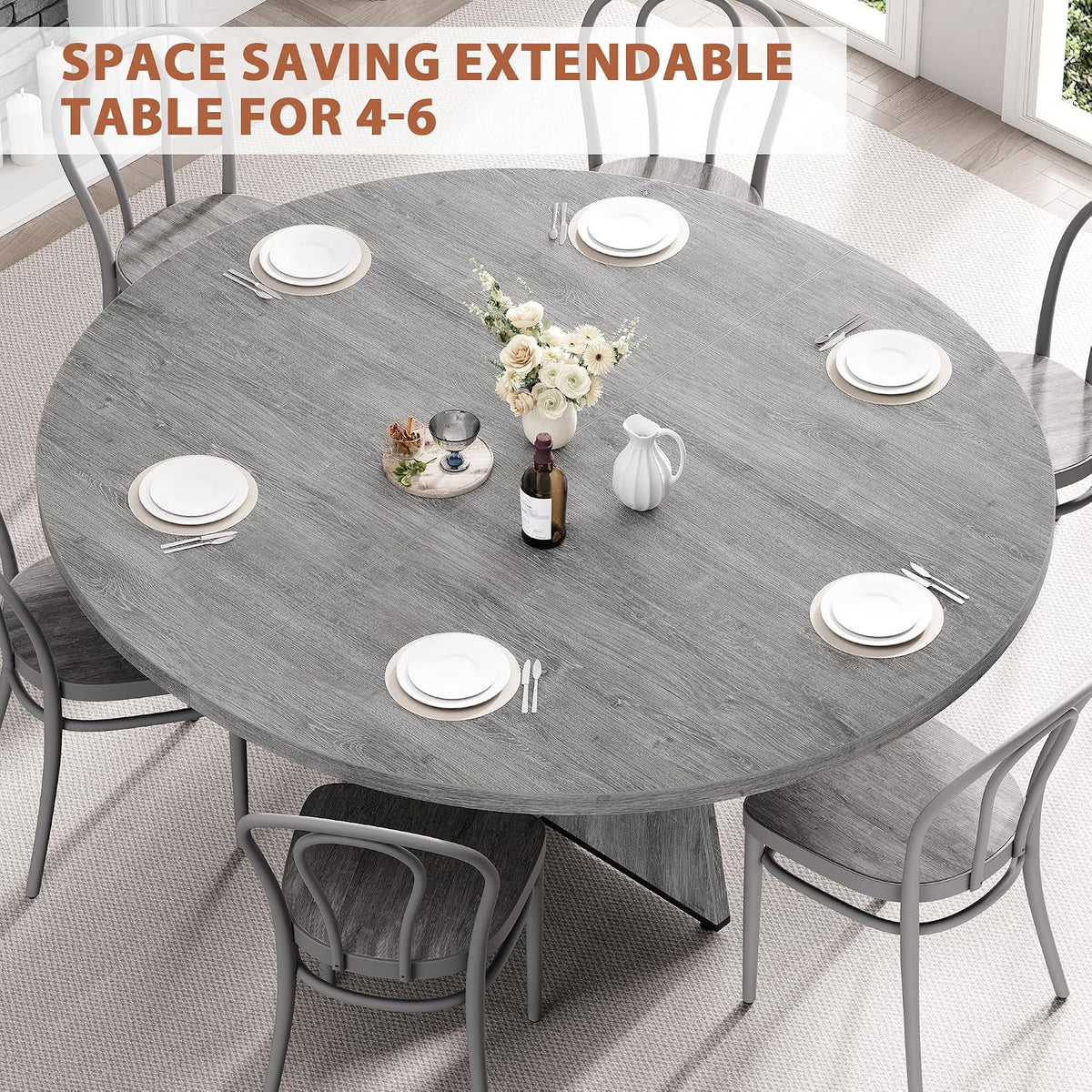 Extendable Dining Table, Round Kitchen Dining Room Dinner Table with for 4 6 8 People, Space Saving Modern Oval Expandale Furniture with Storage and Pedestal for Kitchen Living Room (Grey)